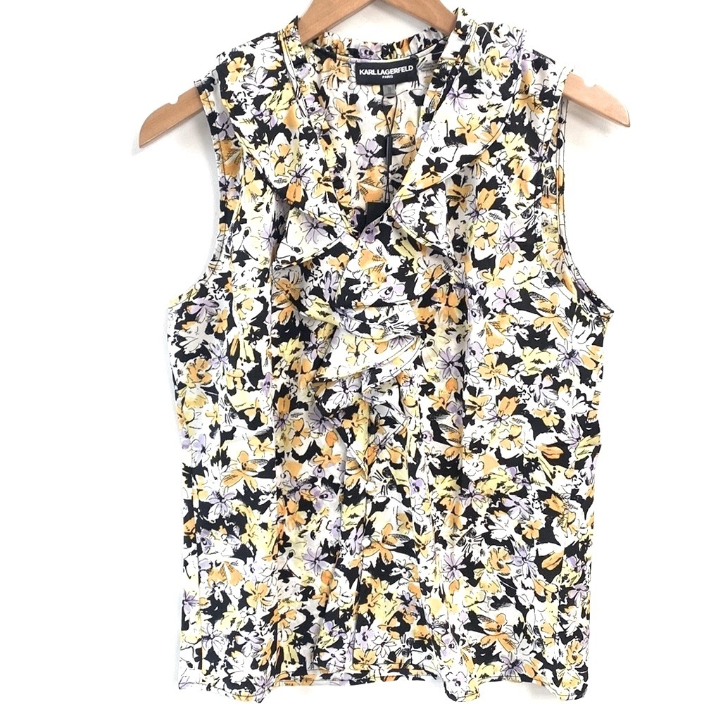 (A4c) Karl Lagerfeld Floral Ruffled front & collar sleeveless top, NWT, Size M